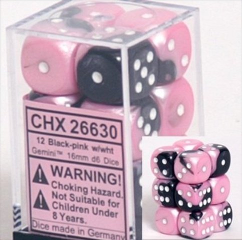 12 16mm Black-Pink w/White D6 Dice Set - CHX26630