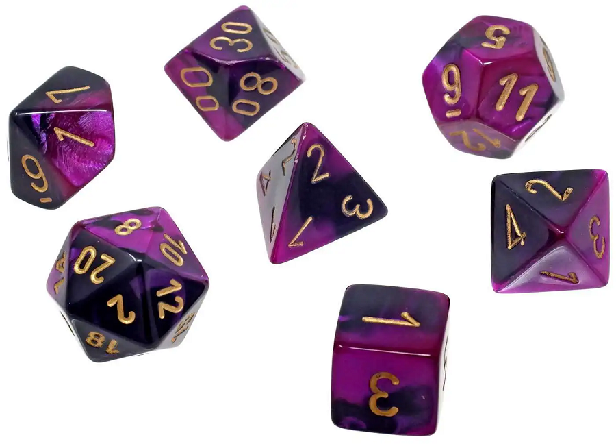Chessex Gemini® Mini-Polyhedral 7-Die Set Black-Purple™ w/Gold™